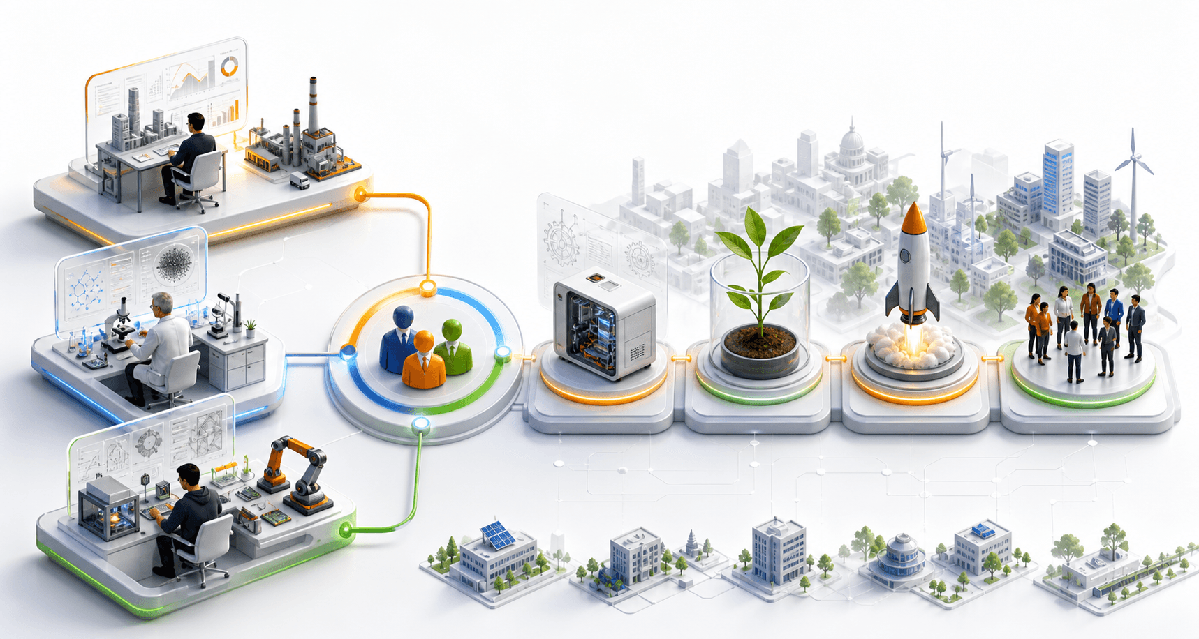 3D illustration of industry, professor, and student labs flowing into prototype, startup, and regional growth outcomes